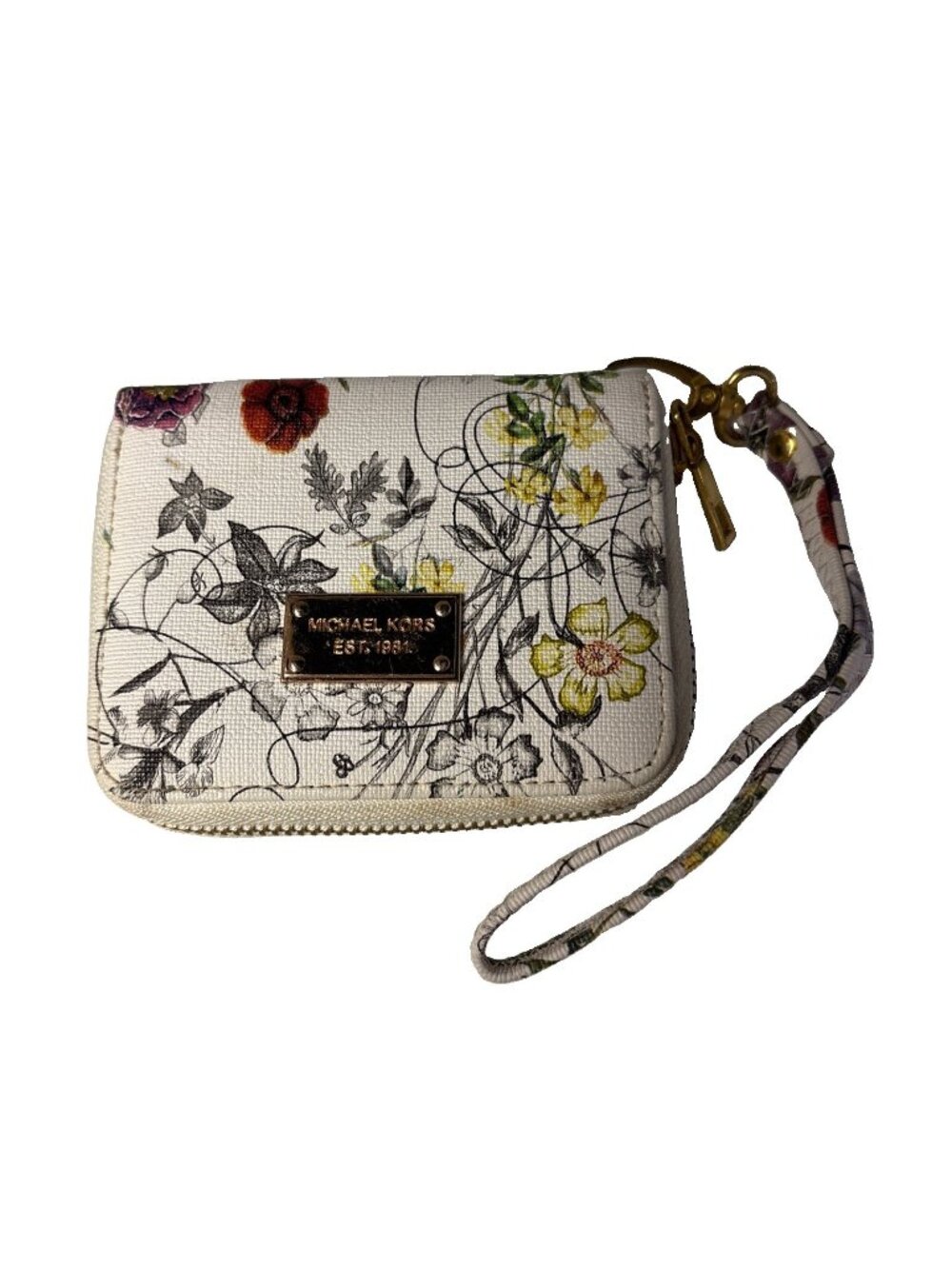 Michael Kors Floral On White Wristlet Brass Zipper Vinyl Small 5” Bill Fold